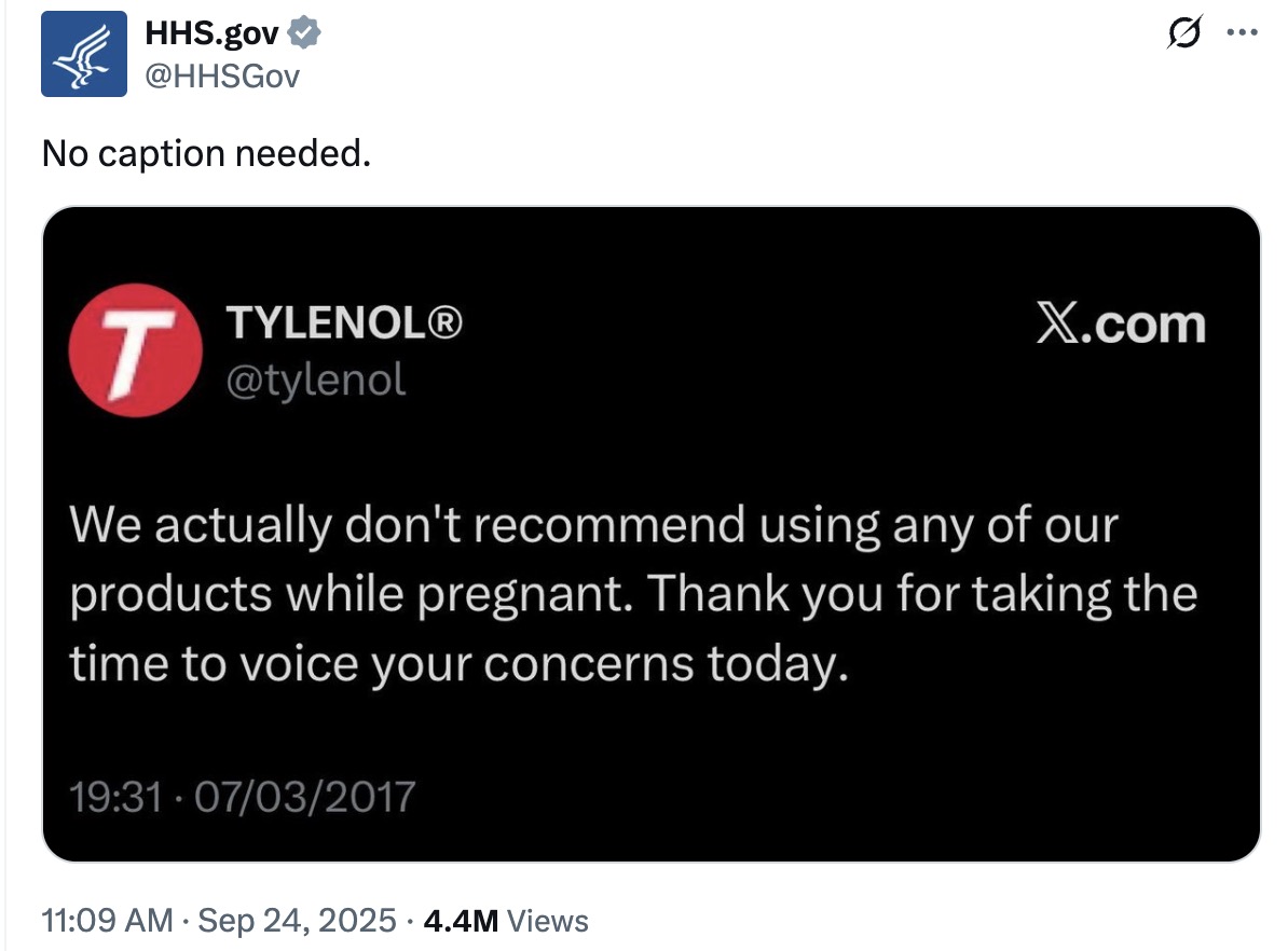 Now the HHS Is Touting 8-Year-Old Tylenol Tweet to Back Up Autism Warning now the hhs is touting 8 year old tylenol tweet to back up autism warning 1 The U.S. Health and Human Services is now highlighting a newly resurfaced 2017 social media post from Tylenol that warned against "using any of our products while pregnant" — unrelated to autism.
The post Now the HHS Is Touting 8-Year-Old Tylenol Tweet to Back Up Autism Warning first appeared on Mediaite. BNews
