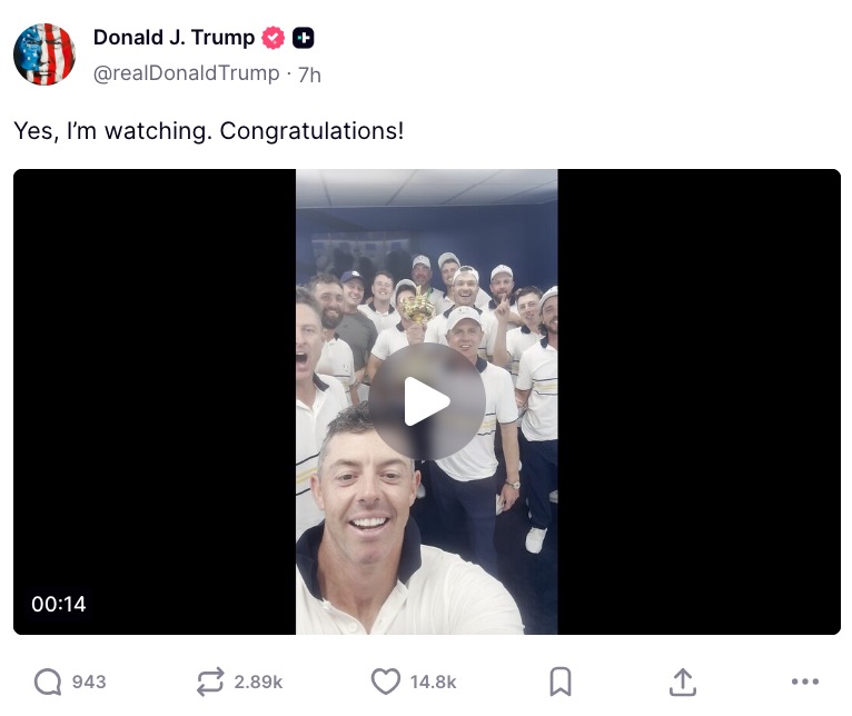 Trump responds to team europe after ryder cup winners’ taunting chant - bnews Trump responds to team europe after ryder cup winners’ taunting chant trump responds to team europe after ryder cup winners taunting chant 1 president trump congratulated team europe's ryder cup in bethpage, new york, after raucous victory chant led by rory mcilroy pointedly called him out. The post trump responds to team europe after ryder cup winners’ taunting chant first appeared on mediaite. Bnews