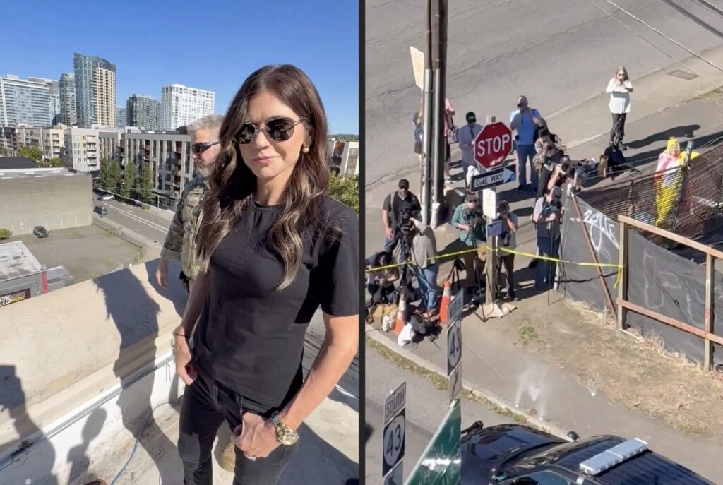 Maga influencer mocked for bragging about kristi noem staring down ‘army of antifa’: ‘a chicken and a dozen people’