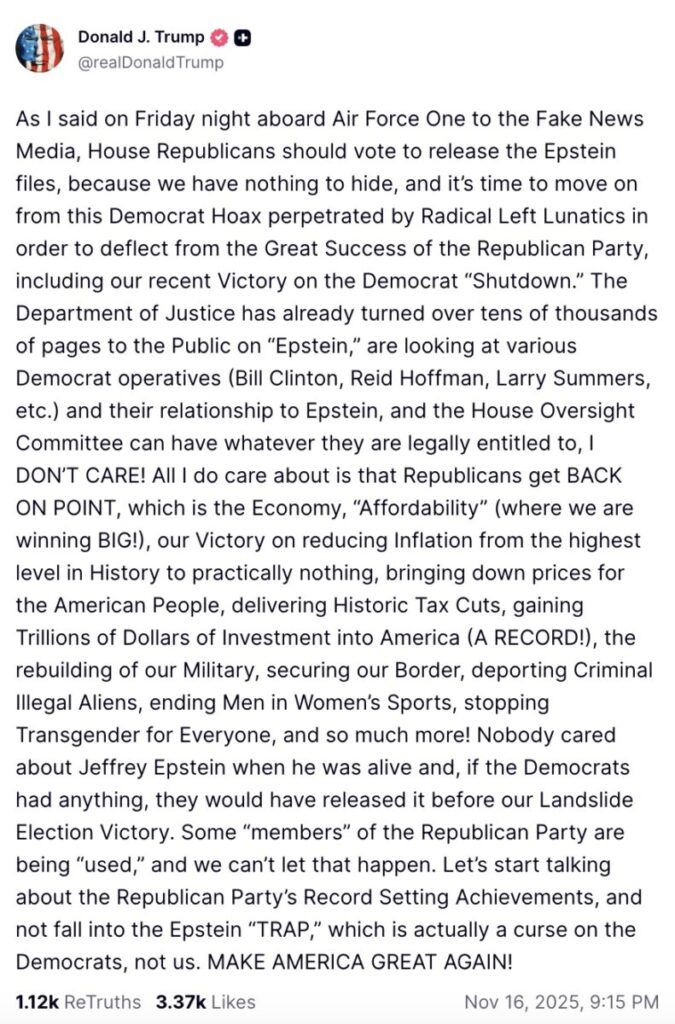 ‘nothing to hide! ’ trump urges republicans to release epstein files after some gop members fell into dem ‘trap’ 2025