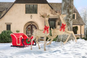 Lowe’s 43.5-in Holiday Living sleigh yard decoration and prancing and standing reindeer 