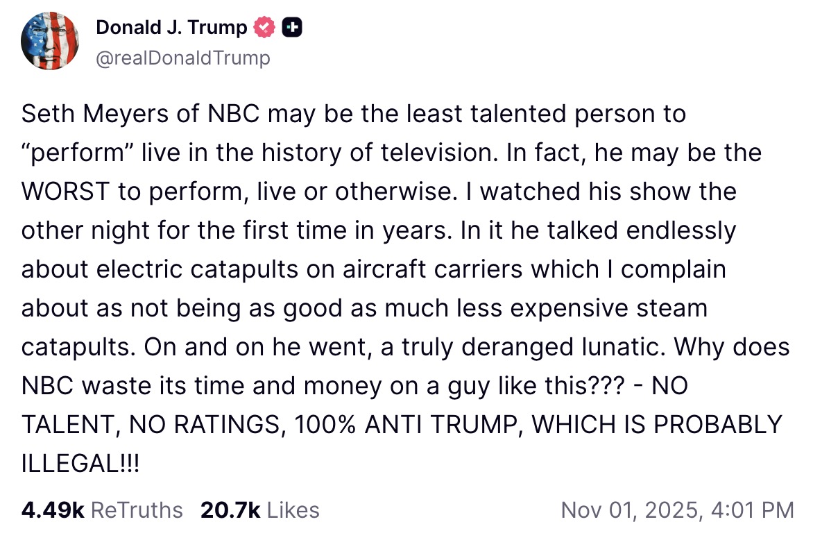 Probably illegal seth meyers fires back after trump fumes his comedy is probably illegal 2026 world news from bulgaria seth meyers used his nbc show to push back against president donald trump on monday night, after the president... Seth meyers fires back after trump fumes his comedy is ‘probably illegal’ 2025-11-04 12:44:16 probably illegal seth meyers fires back after trump fumes his comedy is ‘probably illegal’ investigative journalism and investigative reporting news agency burgas bulgaria