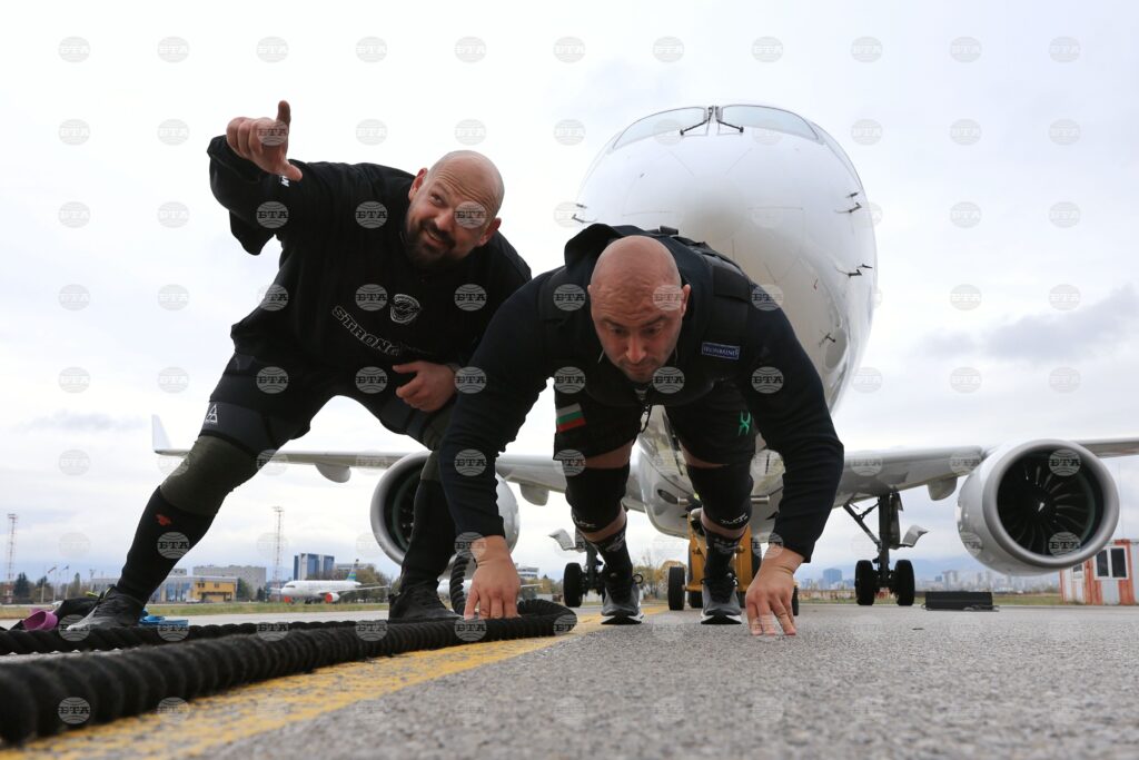 Two Bulgarian Strongmen Pull 40-Ton Airbus A220-300 at Sofia Airport