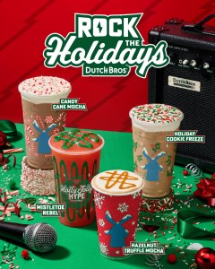 The Hazelnut Truffle Mocha, Candy Cane Mocha, Mistletoe Rebel and Holiday Cookie Freeze from Dutch Bros