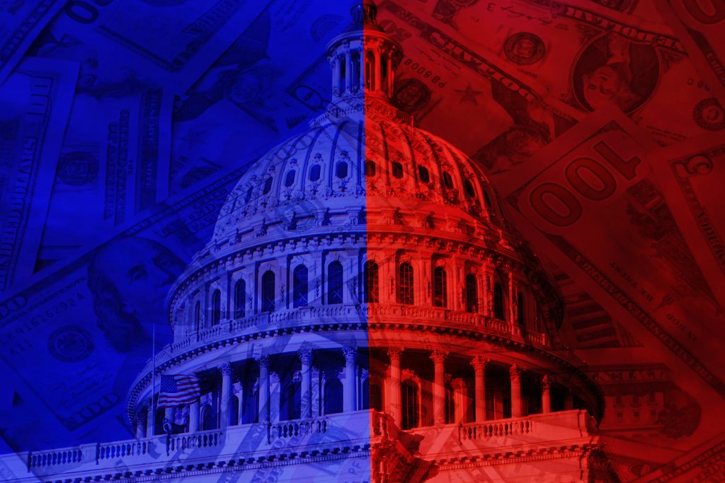 Capitol Dome split into red and blue, with cash superimposed