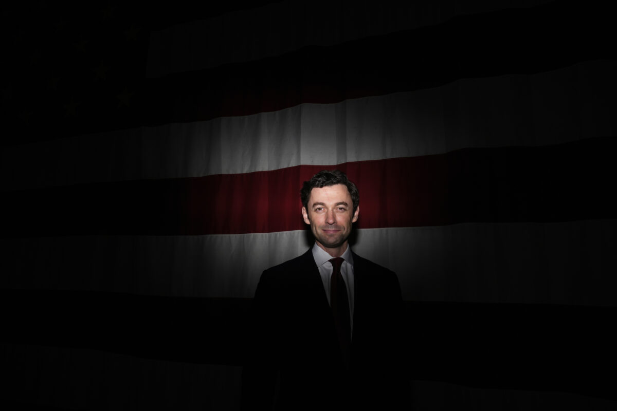 Sen. Jon Ossoff, D-Ga., in front of American flag