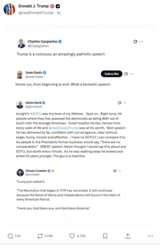 Trump Shares 41 Gushing Posts About His ‘Home Run’ State of the Union, Including From Megyn Kelly and Sean Spicer 2026