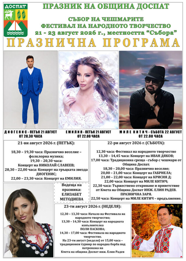Празникът на Доспат: Николай Славеев, Диогенис, Емилия, Миле Китич… 2026 Празникът на Доспат: Николай Славеев, Диогенис, Емилия, Миле Китич… 2026
