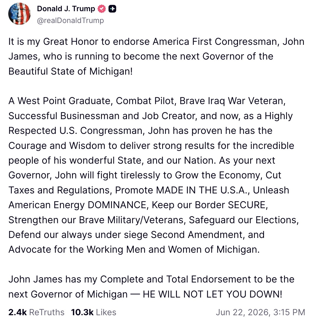 Trump-endorsed michigan gov candidate blasts us-canada trade dispute: ‘stop acting like children’ 2026 | 2026 world news from bulgaria - balgarianovinite. Com Trump endorsement of john james