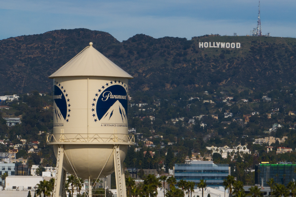 Paramount water tower, hollywood sign in background