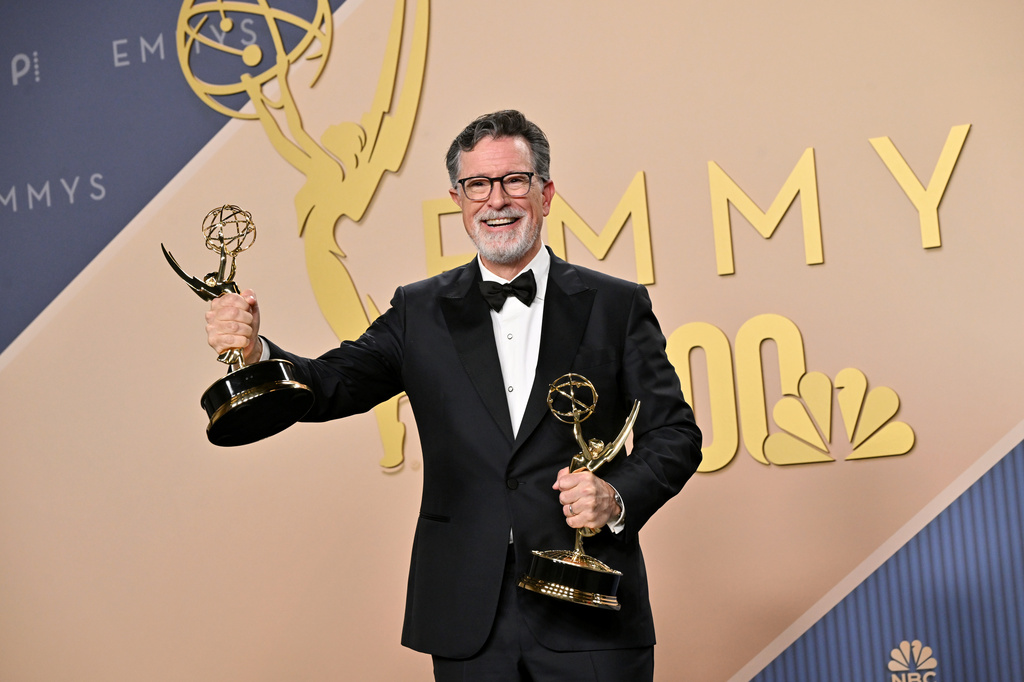 Stephen Colbert poses in the press room with the Emmy for Outstanding Variety Series during the Television Academy's 78th Emmy Awards telecast at the Peacock Theater at L.A. LIVE on Monday, Sept. 14, 2026 in Los Angeles.