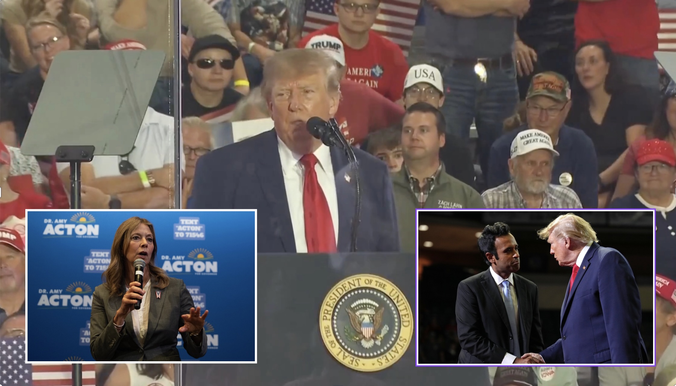 Composite image trump at rally; amy acton speaking at a mic, left, and right trump shaking vivek ramaswamy's hand
