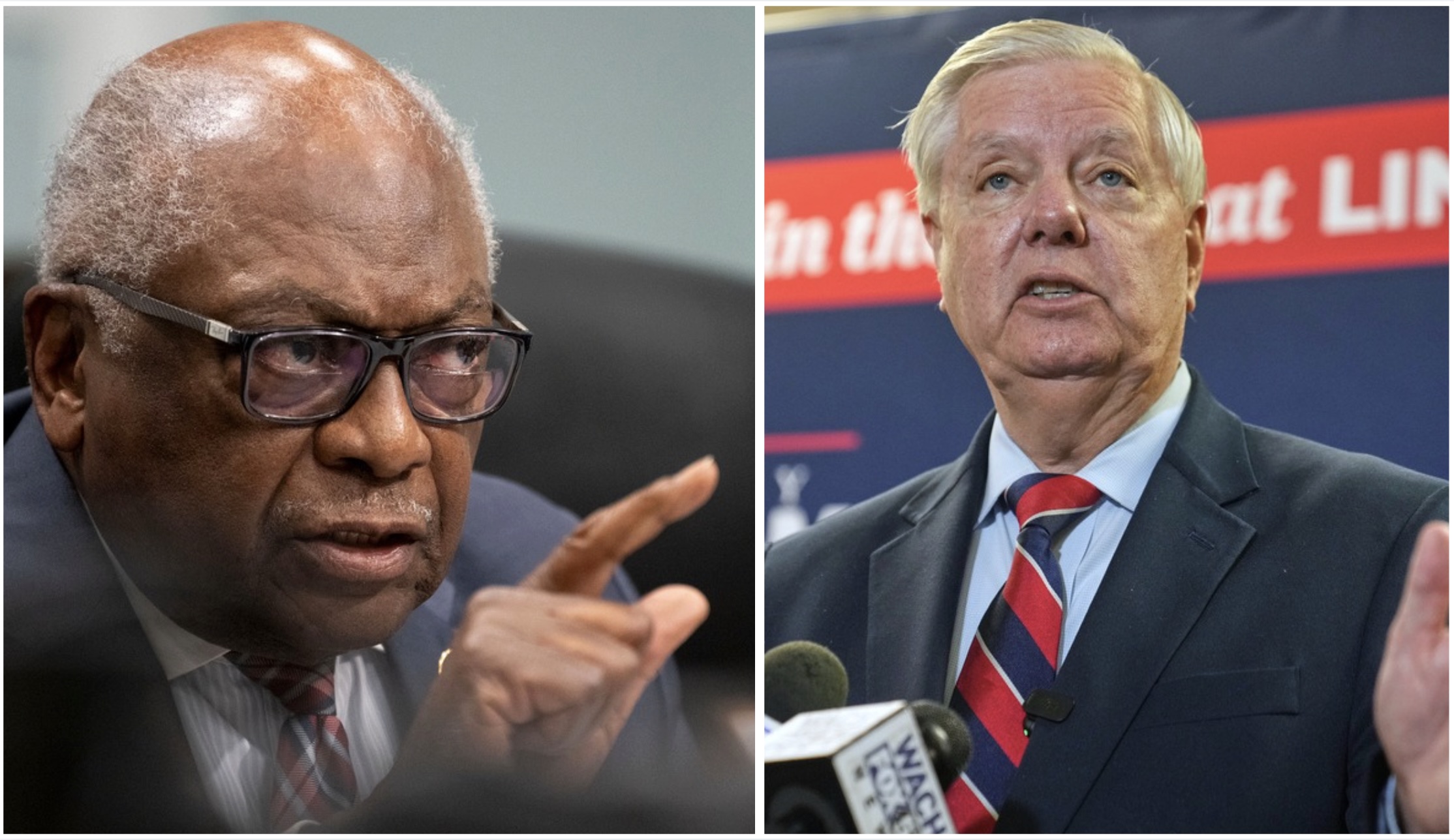 Composite james clyburn pointing his finger, left; lindsey graham speaking at a microphone, right