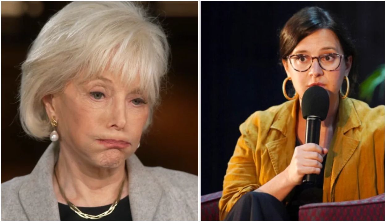 composite lesley stahl, left; bari weiss holding a mic, right
