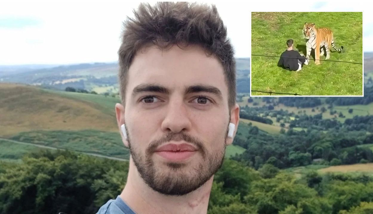 composite image william chapman with earbuds; inset a shot of chapman confronting the tiger